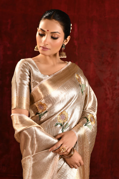 Jewel Gold Sunflower Embroidered Tissue Saree