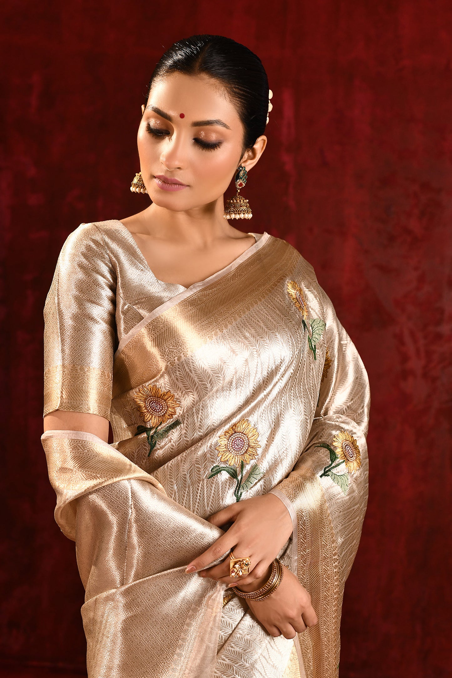 Metallic Gold Floral Tissue Embroidered Saree