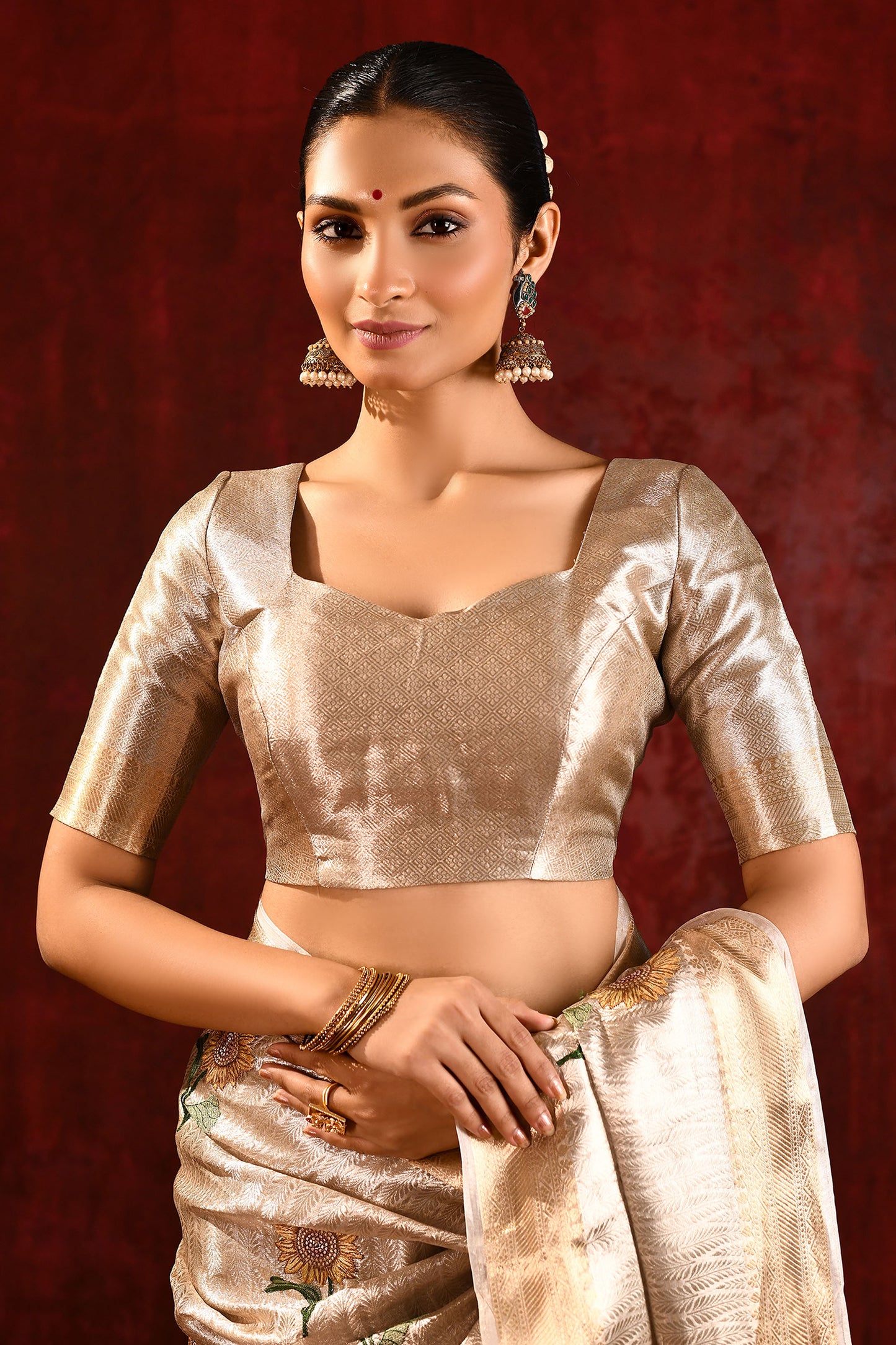 Jewel Gold Sunflower Embroidered Tissue Saree