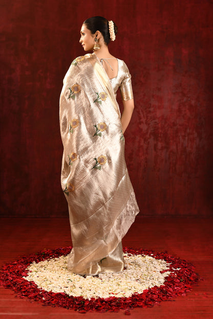 Metallic Gold Floral Tissue Embroidered Saree