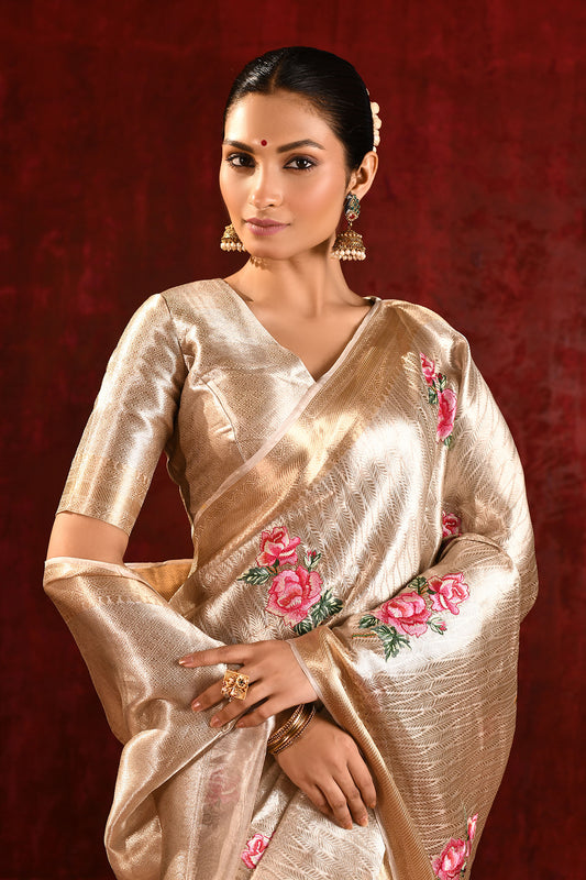Jewel Gold Floral Tissue Embroidered Saree