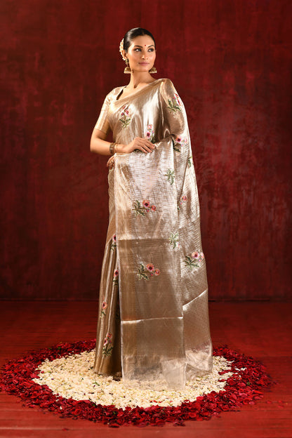 Jewel Gold Tissue Floral Embroidered Saree