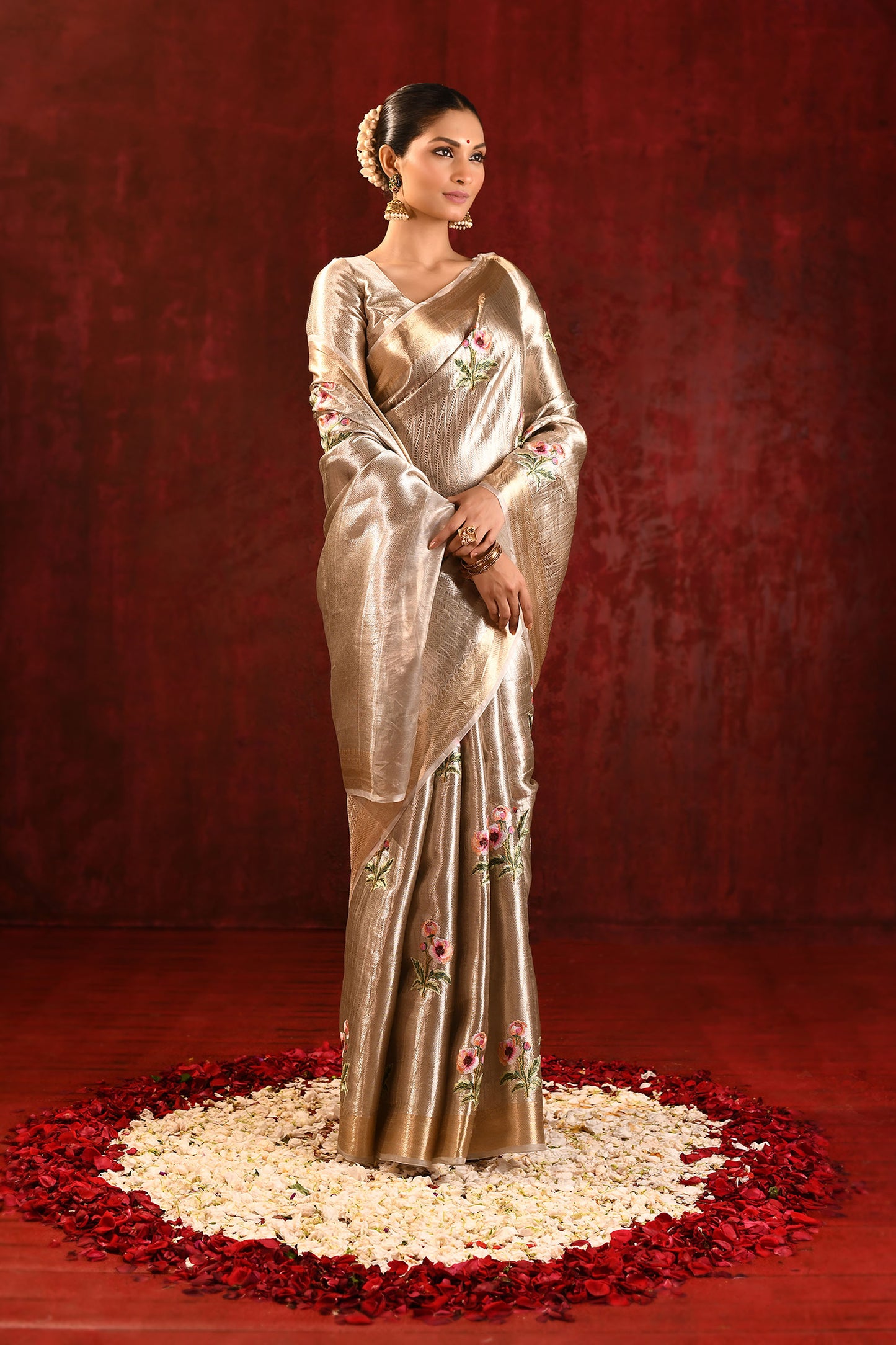 Jewel Gold Tissue Floral Embroidered Saree