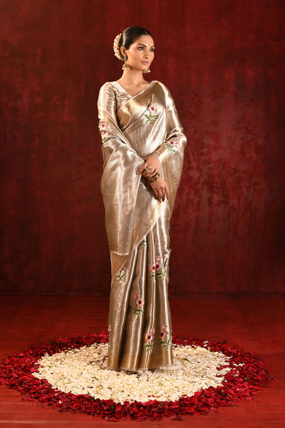 Jewel Gold Tissue Floral Embroidered Saree