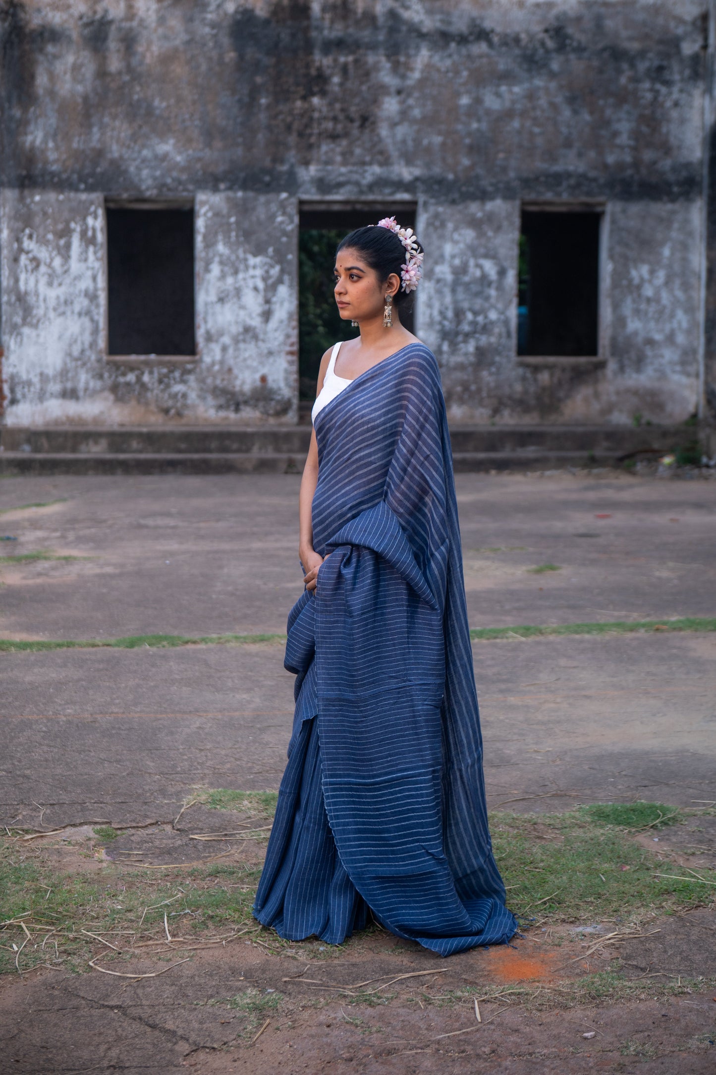 Handloom Blue Pure Linen Saree with White Stripes