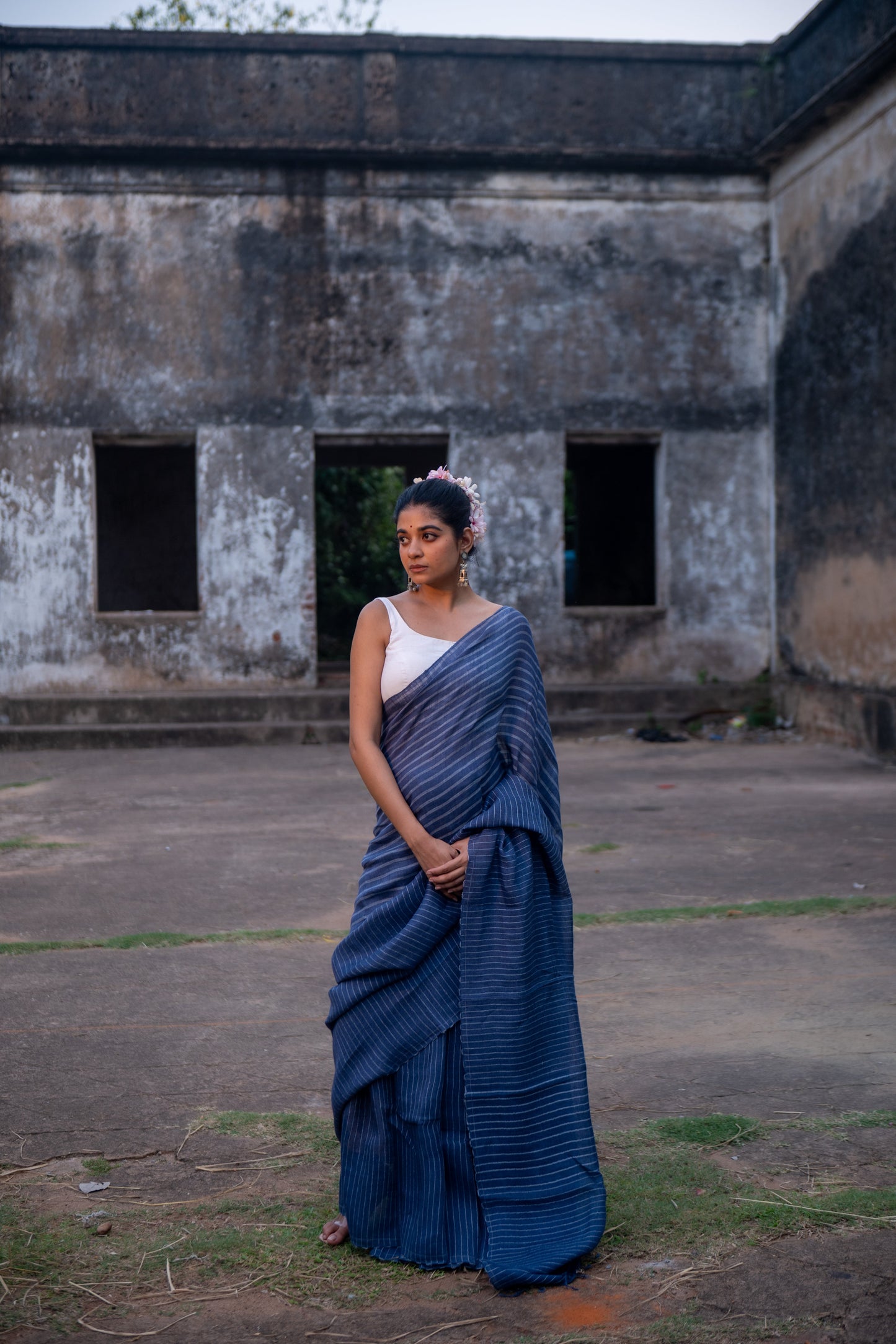 Handloom Blue Pure Linen Saree with White Stripes