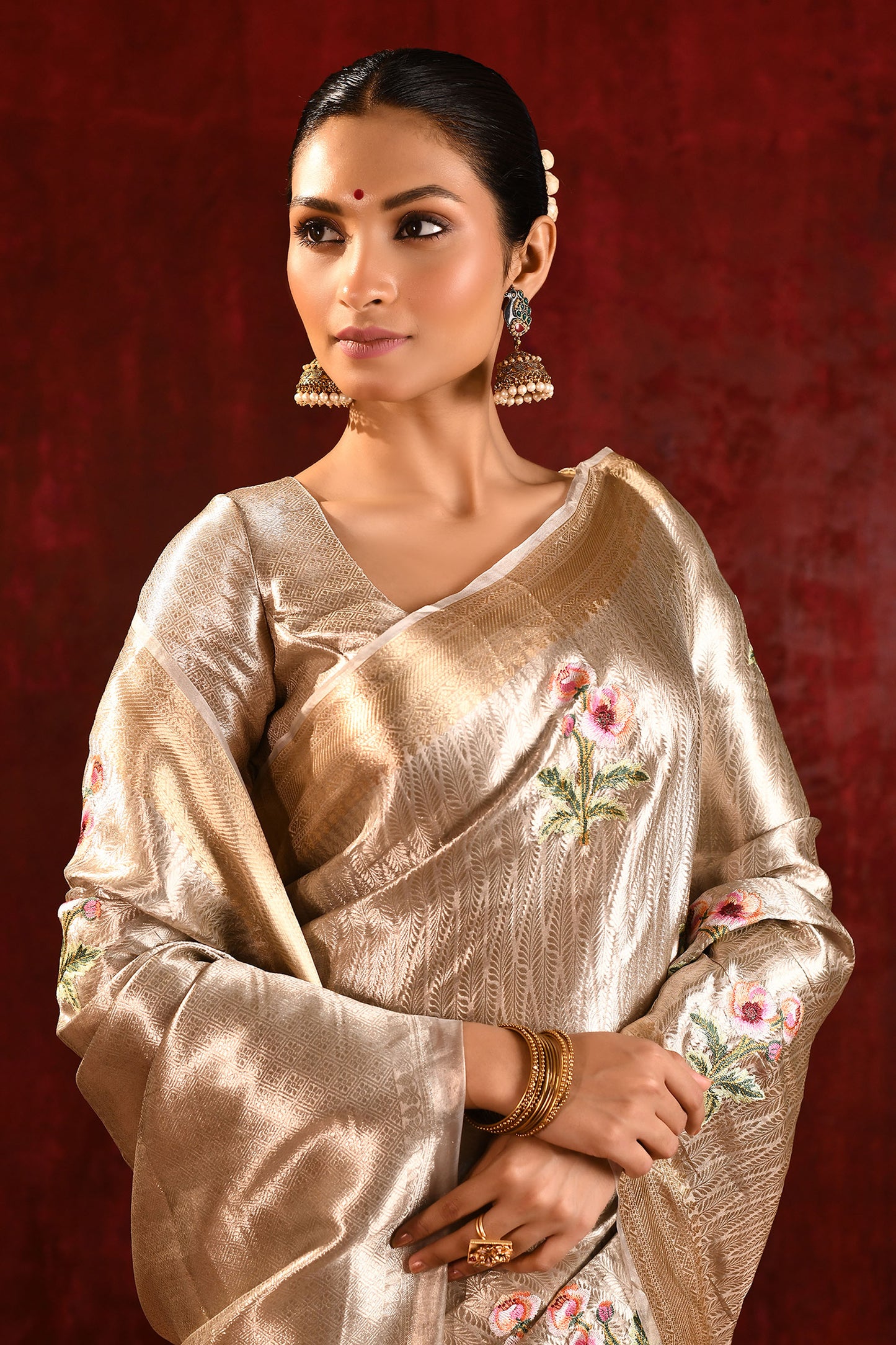 Jewel Gold Tissue Floral Embroidered Saree
