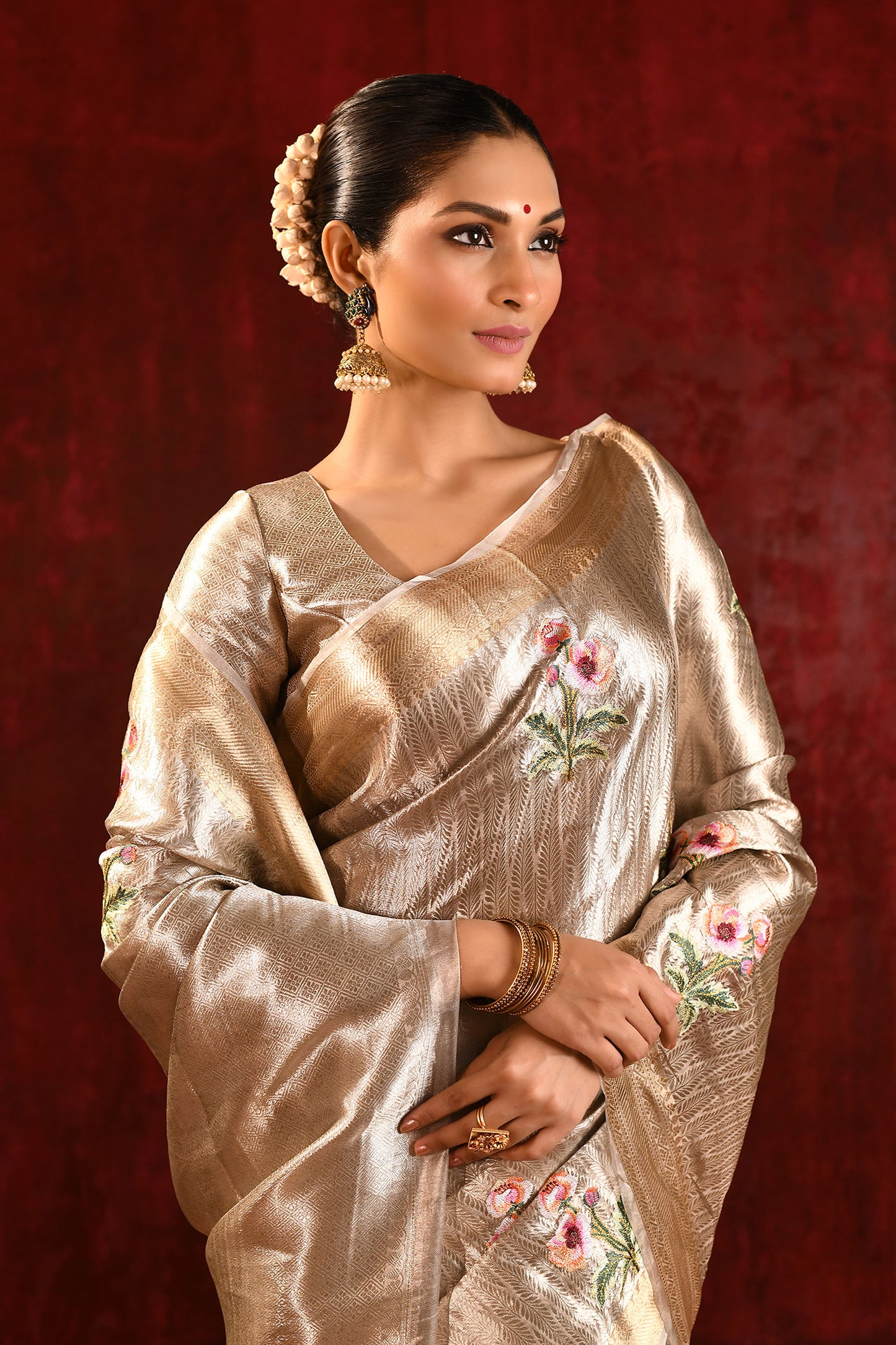 Jewel Gold Tissue Floral Embroidered Saree