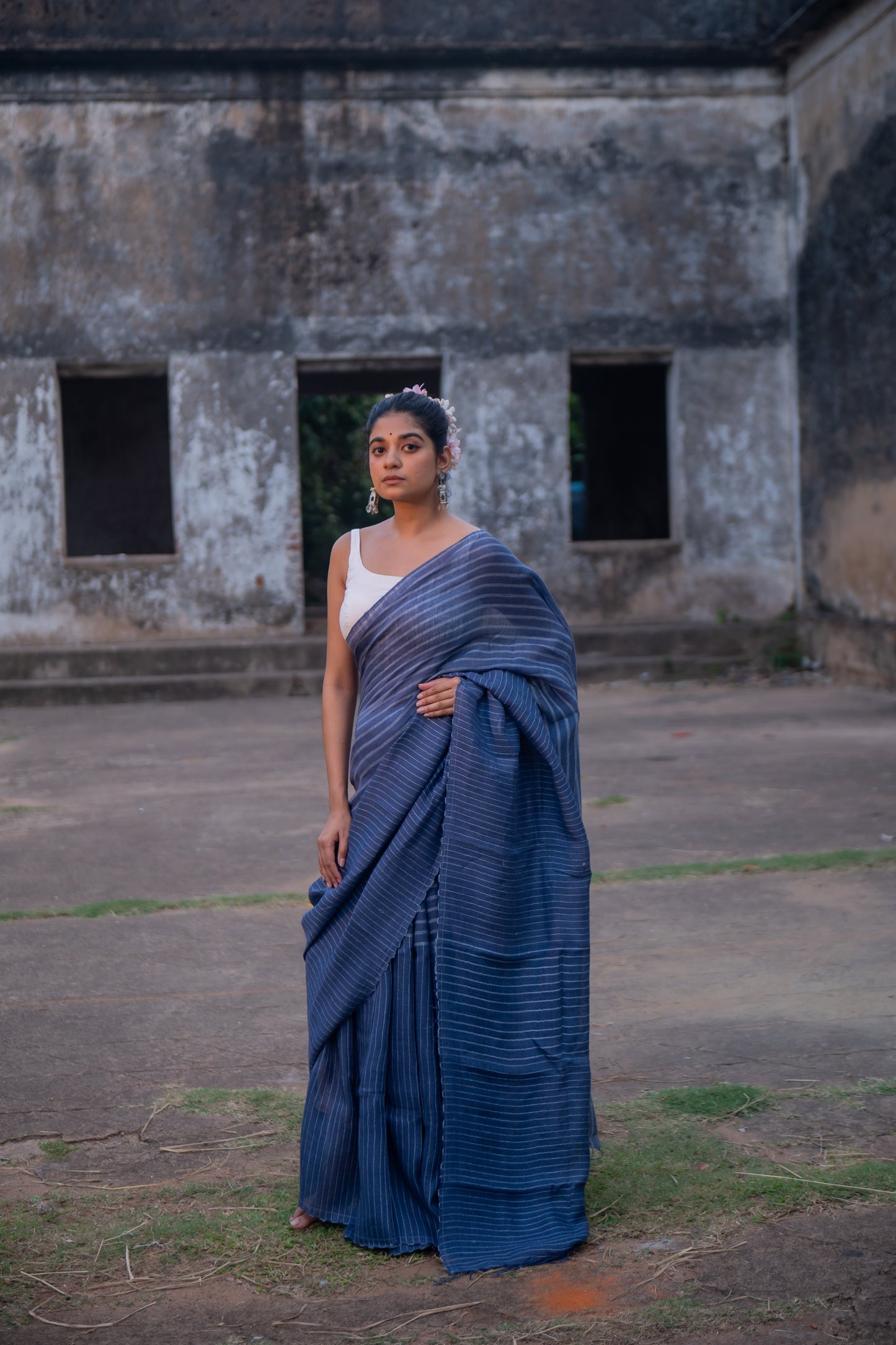 Handloom Blue Pure Linen Saree with White Stripes