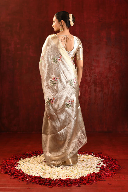 Jewel Gold Tissue Floral Embroidered Saree