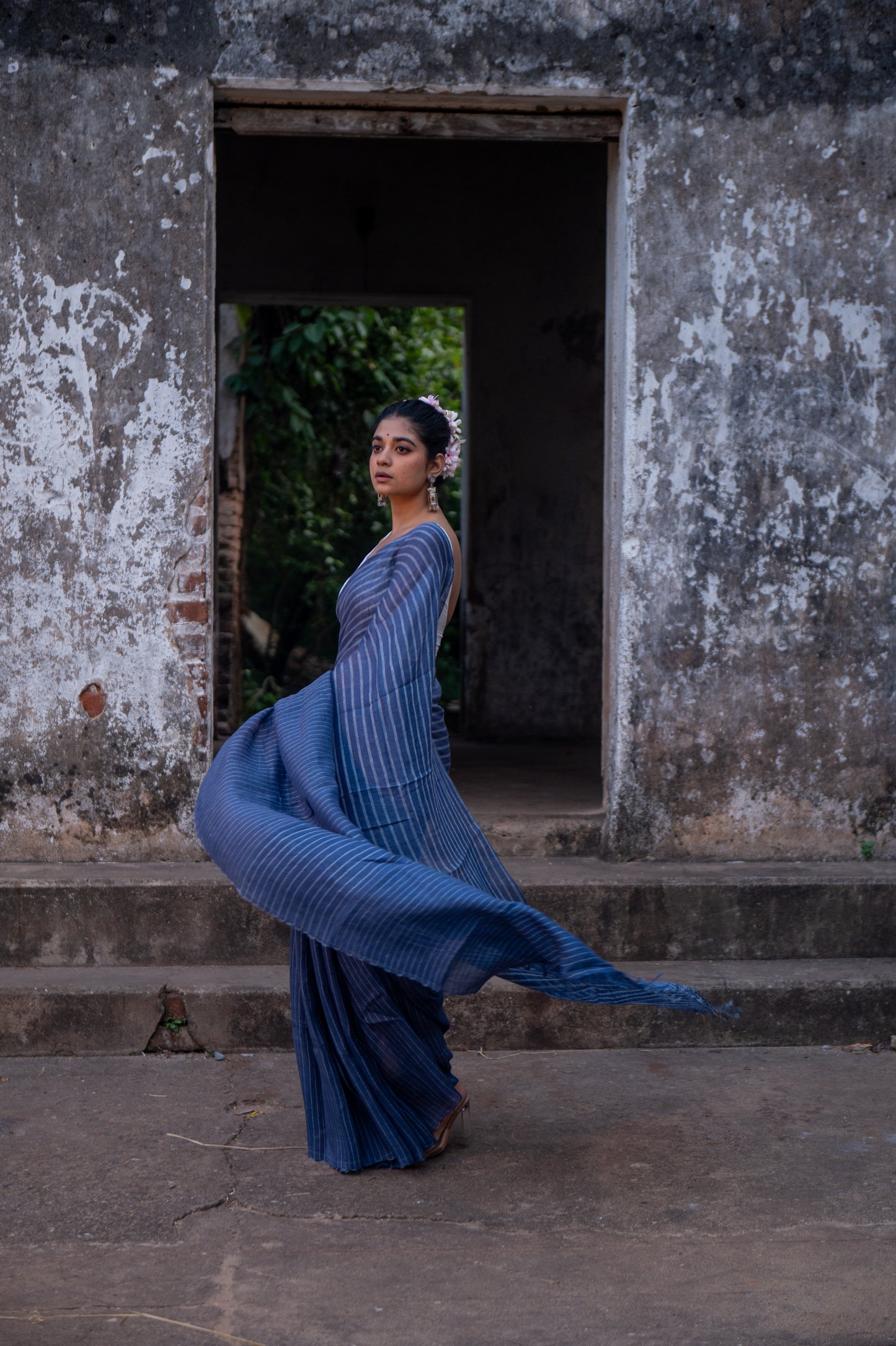 Handloom Blue Pure Linen Saree with White Stripes