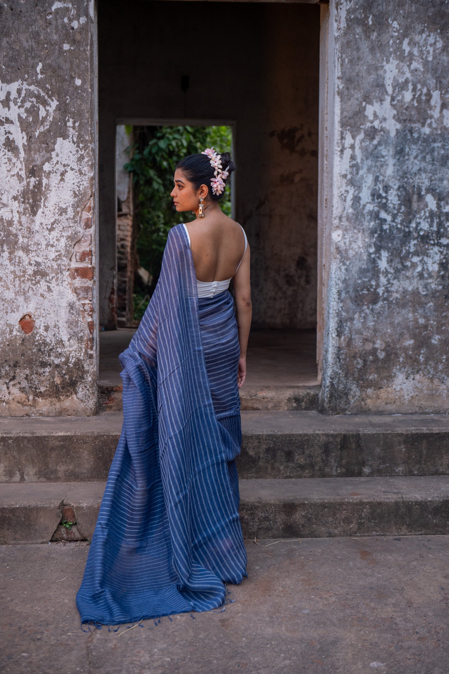 Handloom Blue Pure Linen Saree with White Stripes