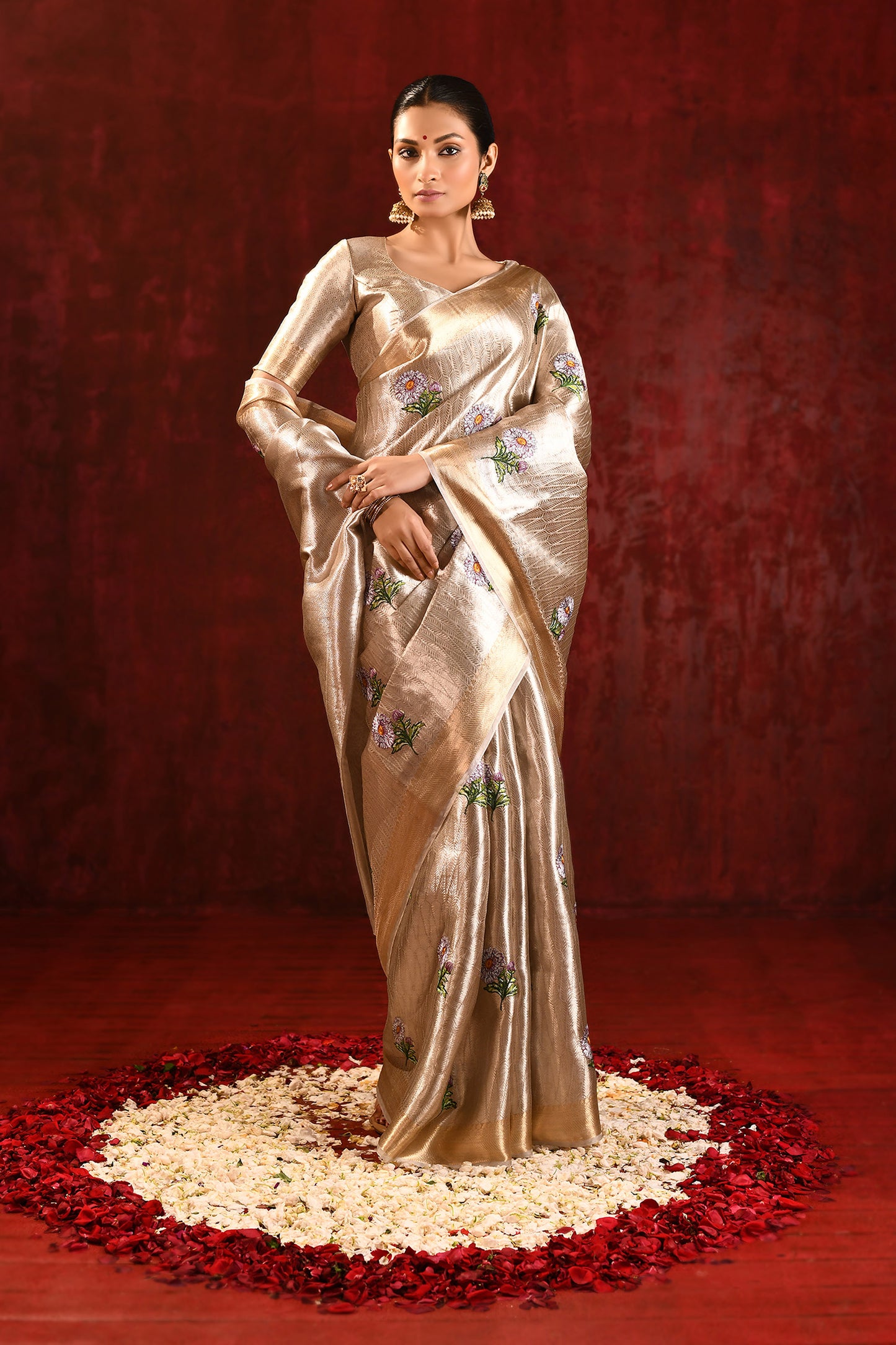 Jewel Gold Tissue Embroidered Floral Saree