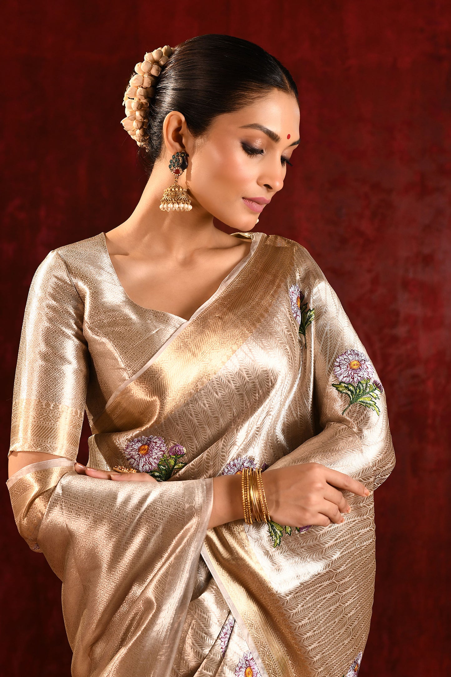 Jewel Gold Embroidered Floral Tissue Saree