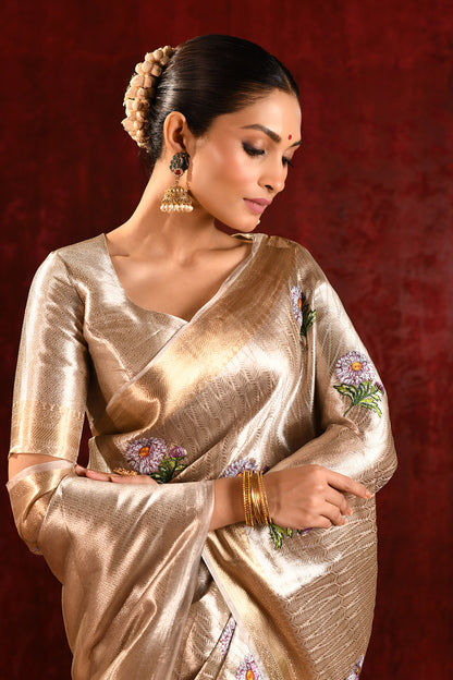 Jewel Gold Tissue Embroidered Floral Saree