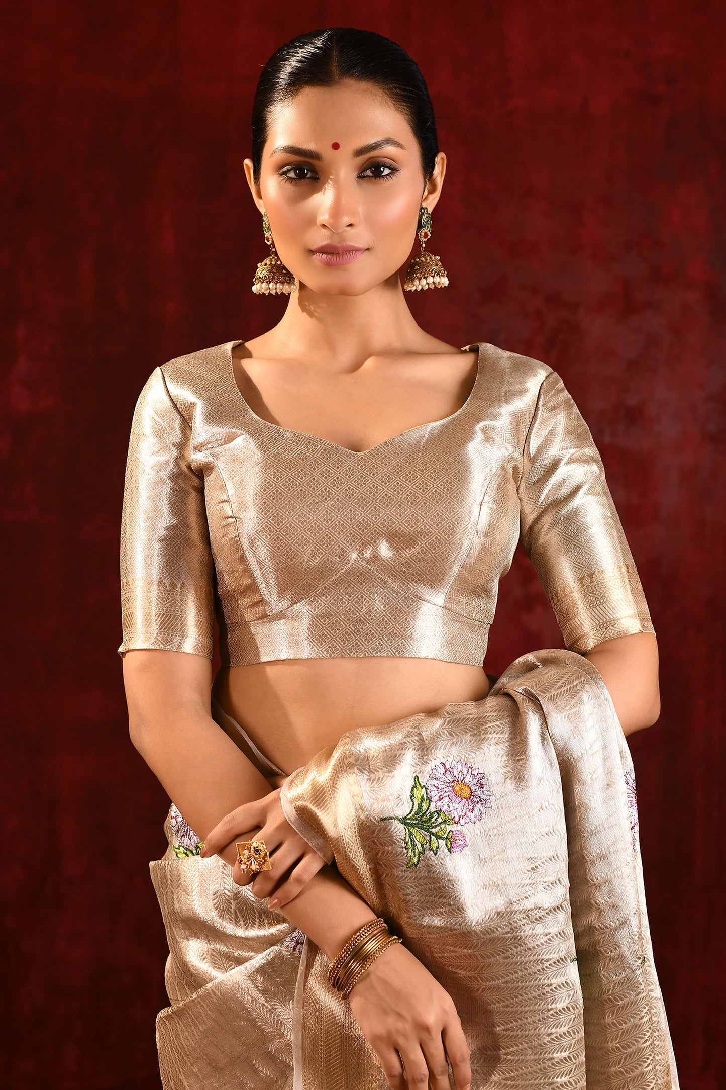 Jewel Gold Embroidered Floral Tissue Saree