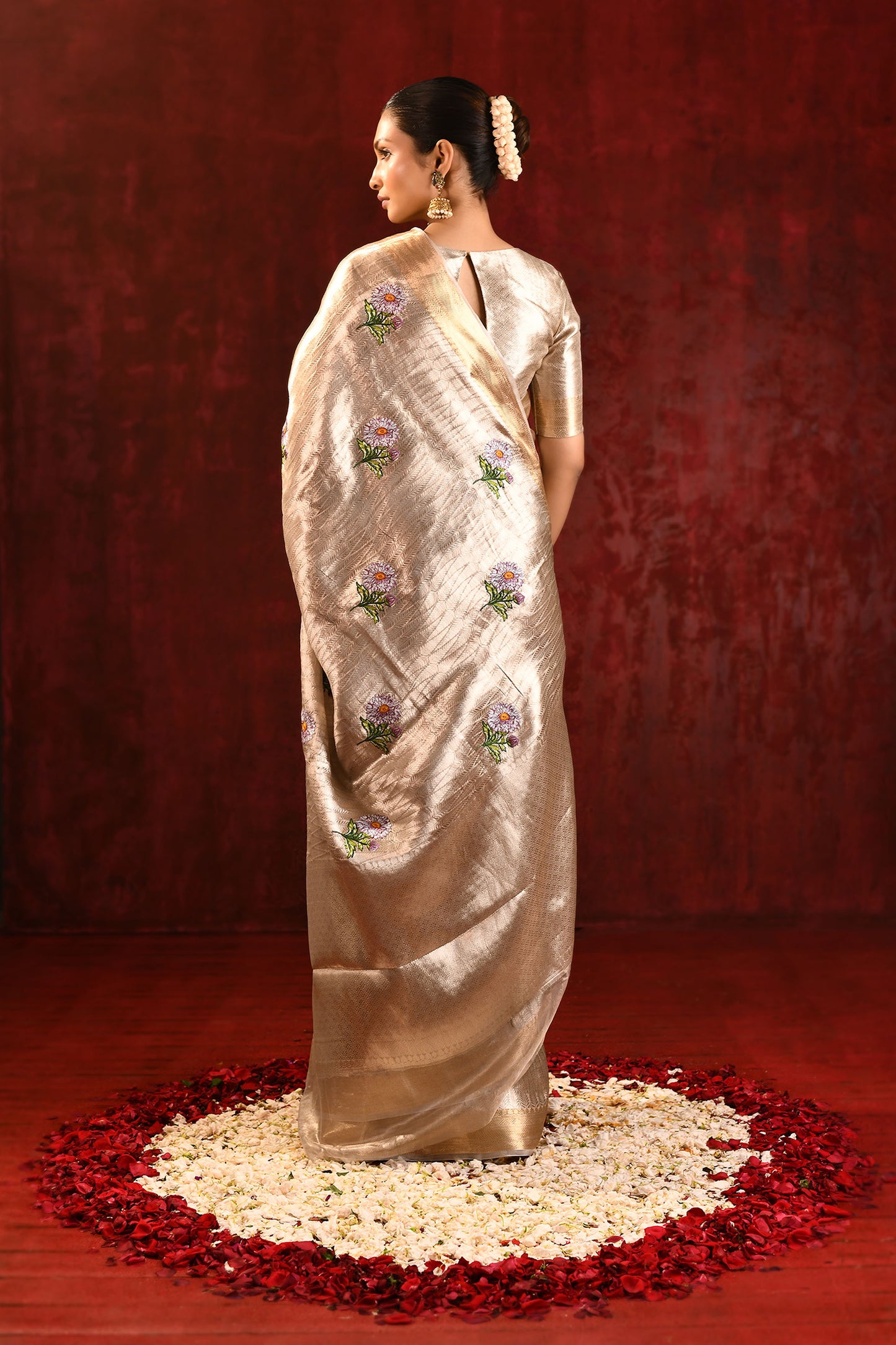 Jewel Gold Embroidered Floral Tissue Saree