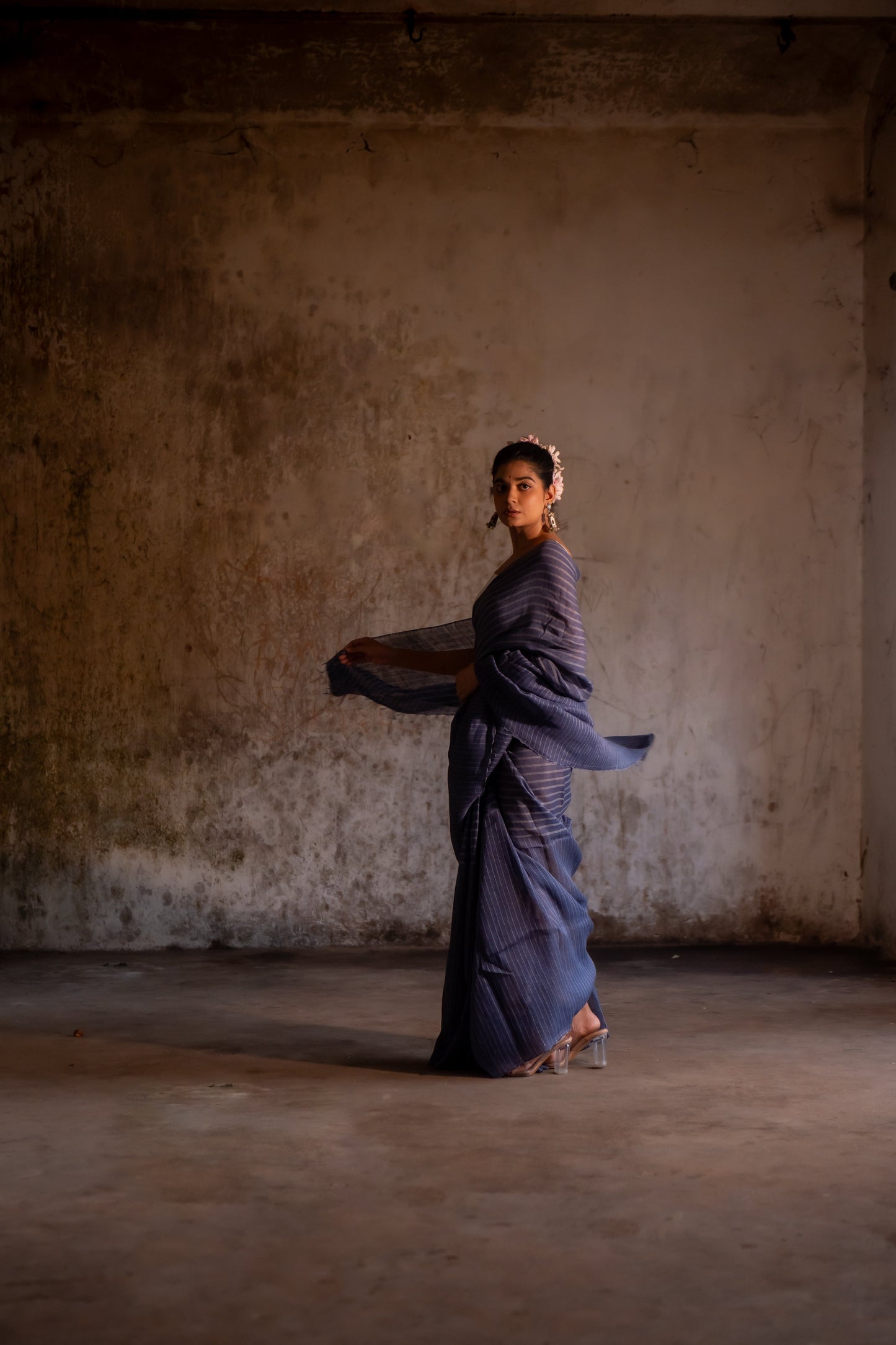 Handloom Blue Pure Linen Saree with White Stripes