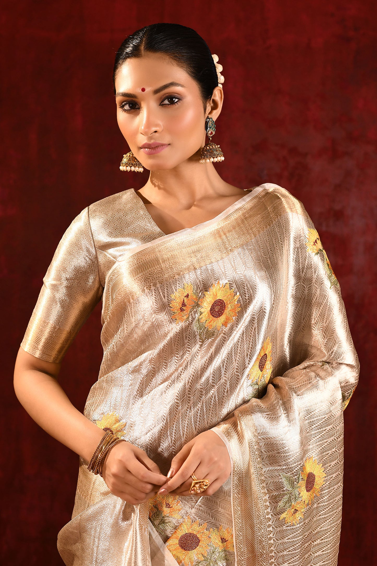 Jewel Gold Sunflower Embroidered Tissue Saree