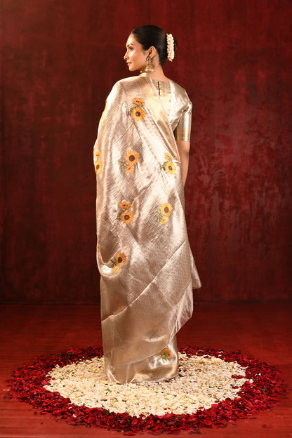 Jewel Gold Sunflower Embroidered Tissue Saree