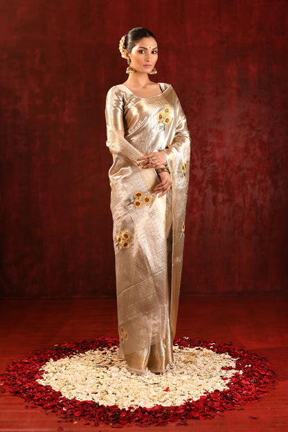 Jewel Gold Floral Embroidered Tissue Saree