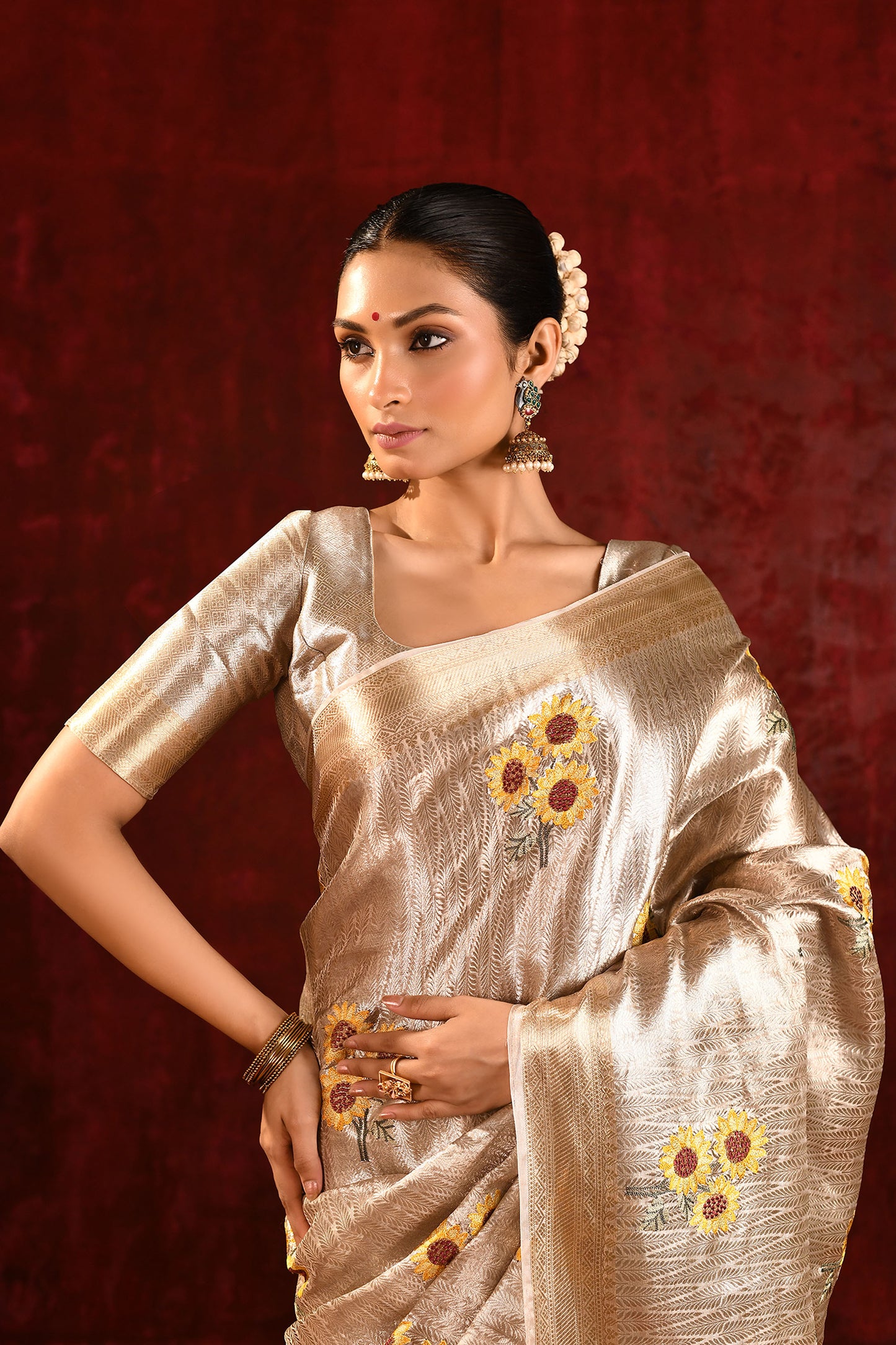 Jewel Gold Floral Embroidered Tissue Saree