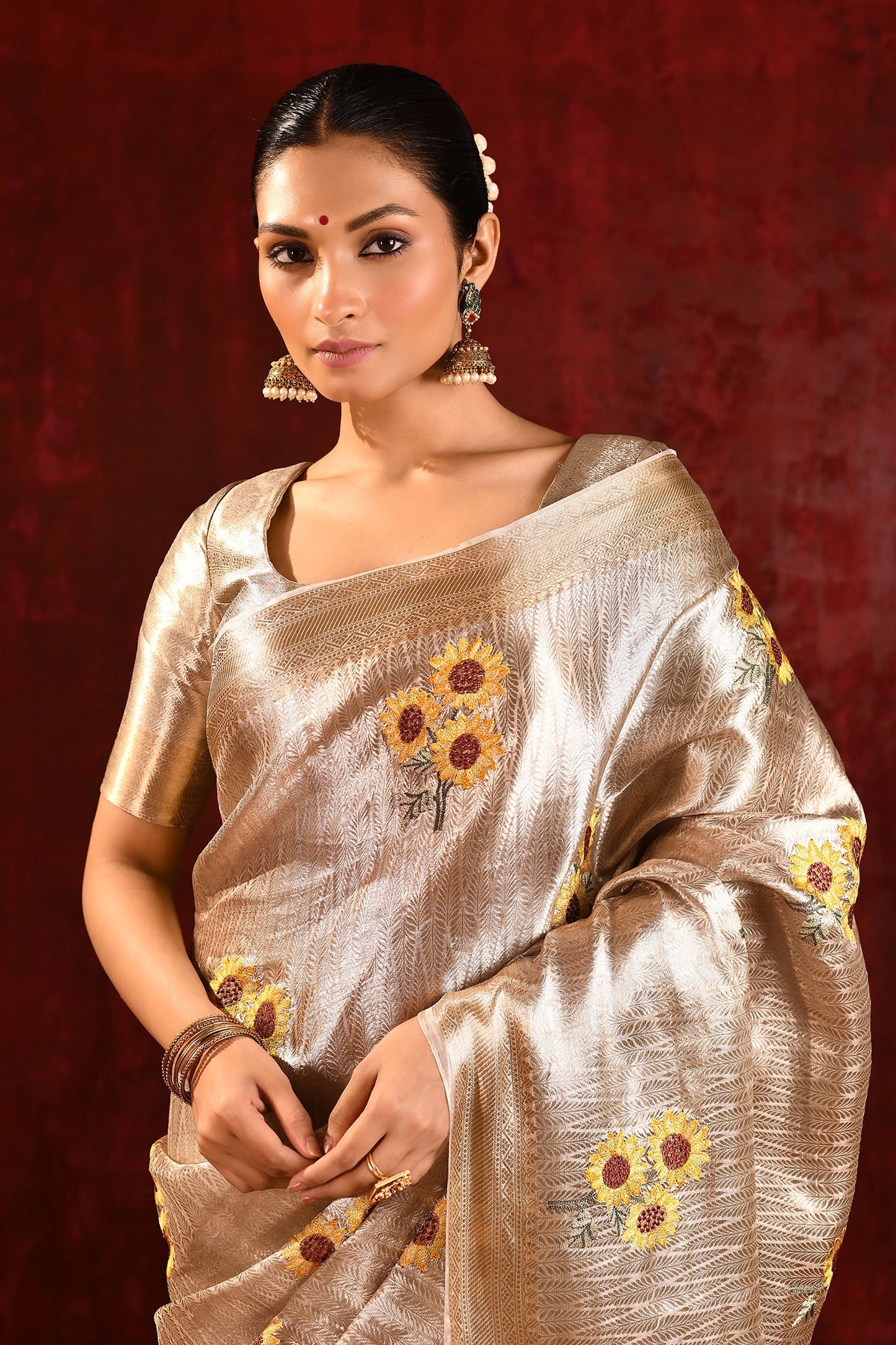 Jewel Gold Floral Embroidered Tissue Saree