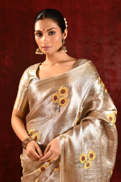 Jewel Gold Floral Embroidered Tissue Saree