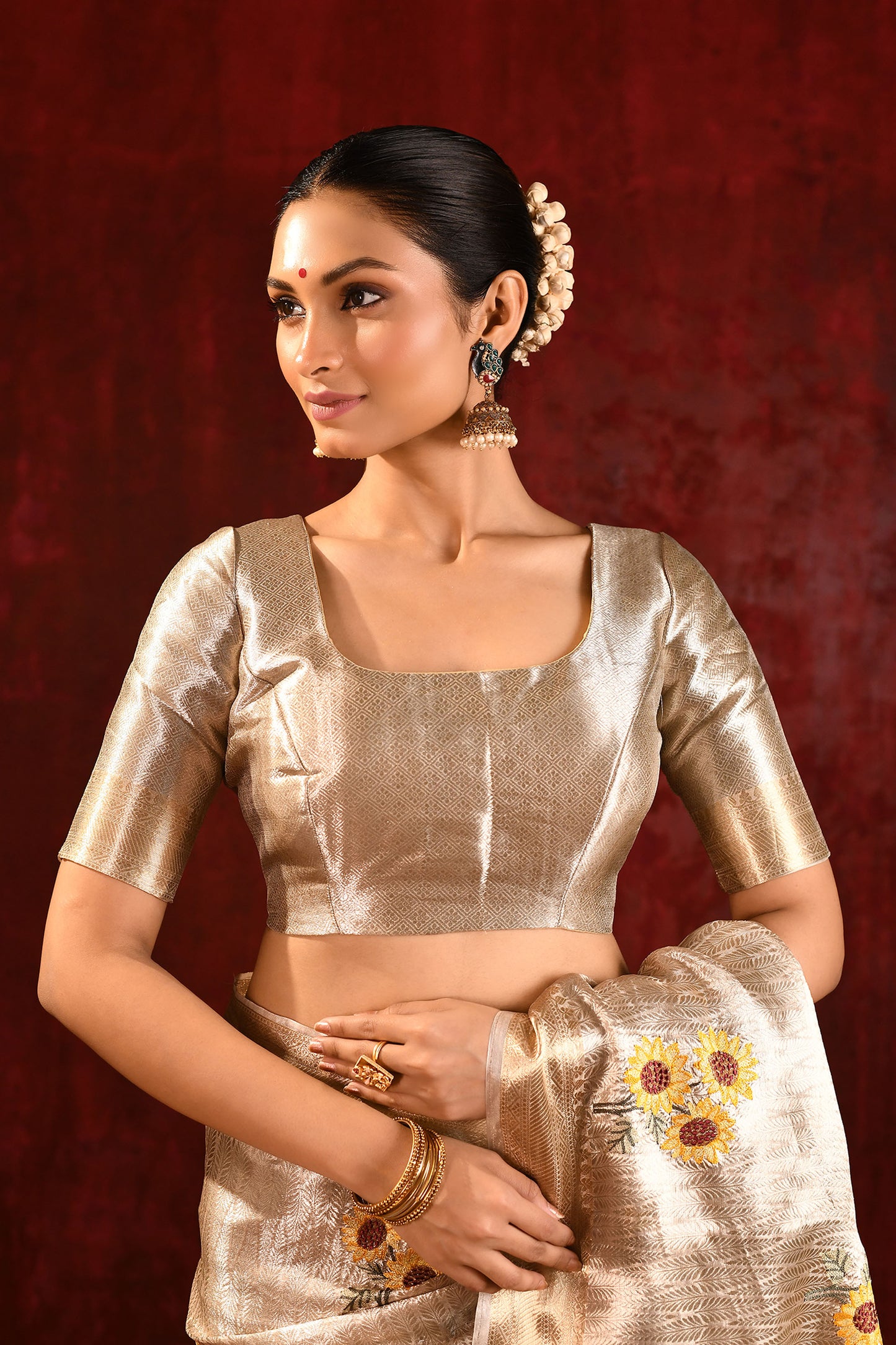 Jewel Gold Floral Embroidered Tissue Saree