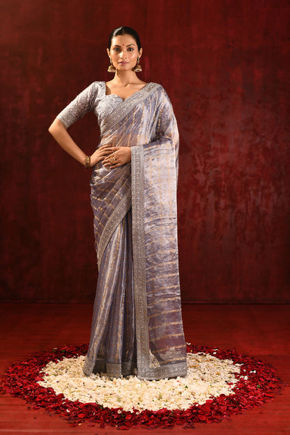 Metallic Grey Embroidered Tissue Saree
