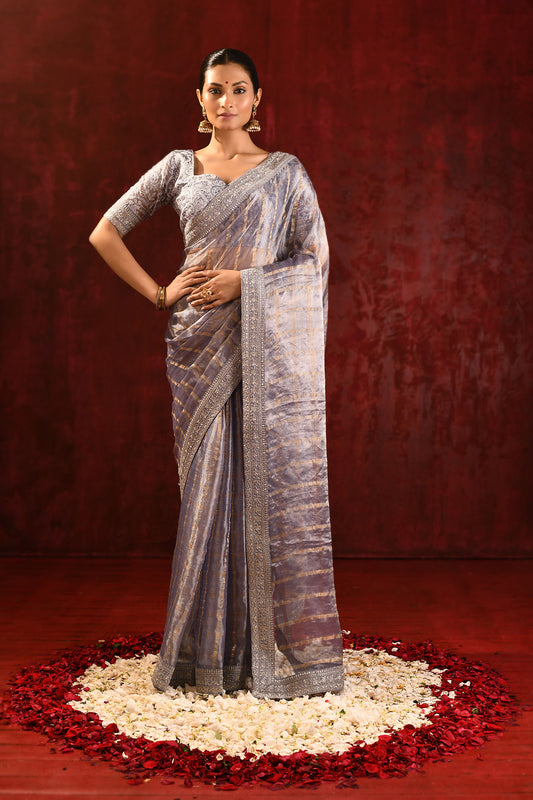 Metallic Grey Embroidered Tissue Saree