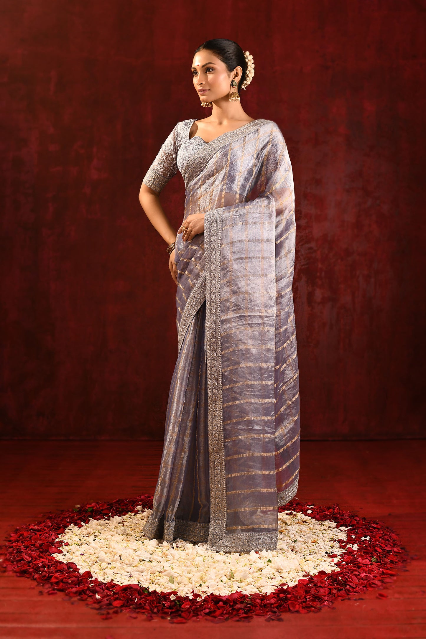 Metallic Grey Embroidered Tissue Saree