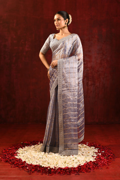 Metallic Grey Embroidered Tissue Saree
