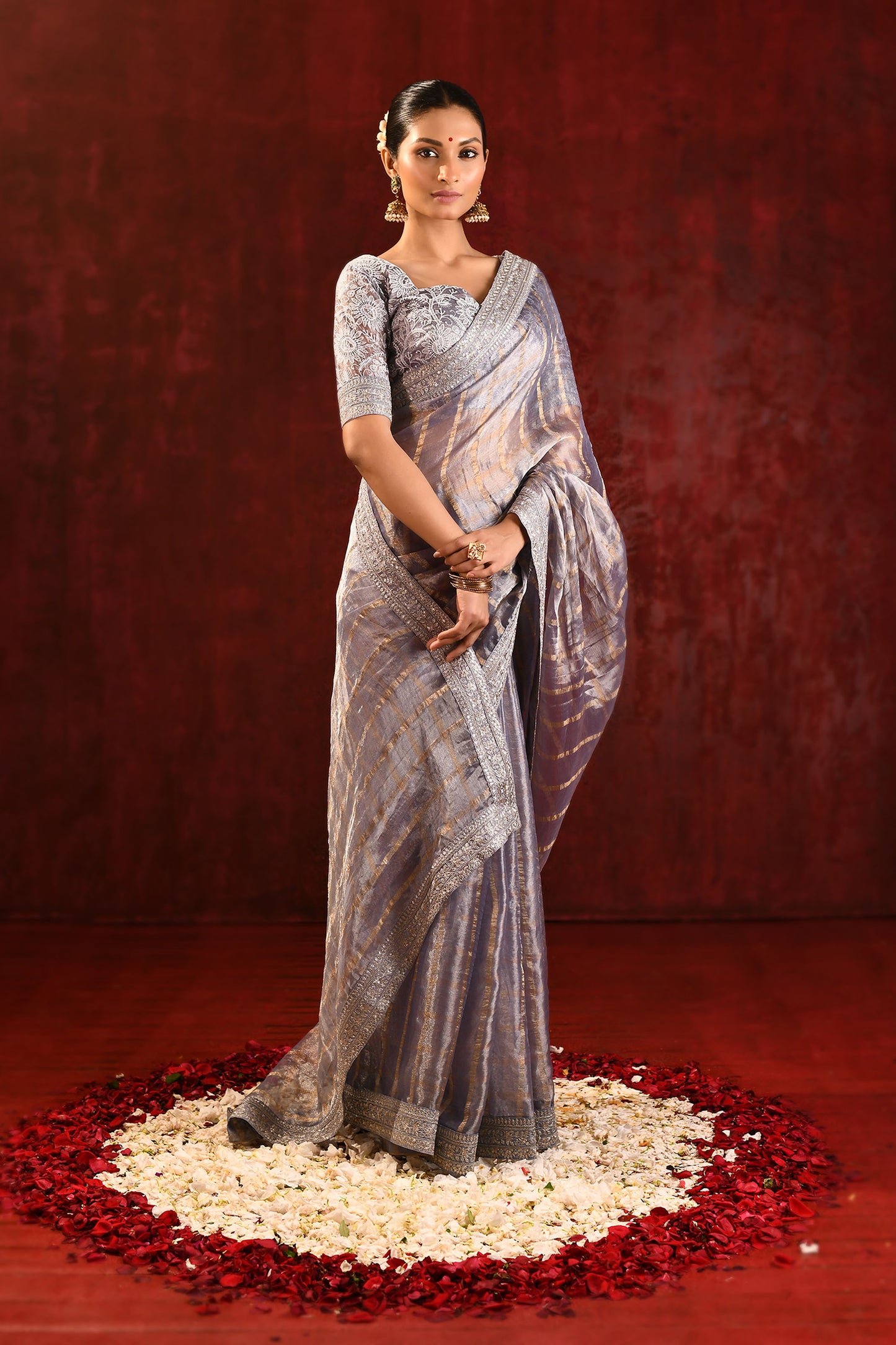 Metallic Grey Embroidered Tissue Saree