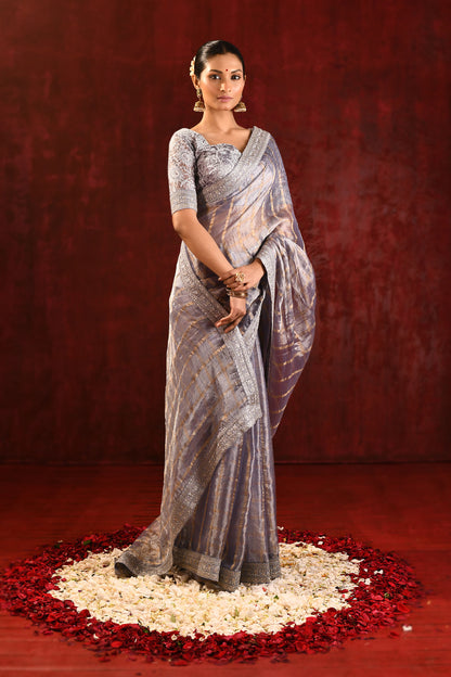 Metallic Grey Embroidered Tissue Saree
