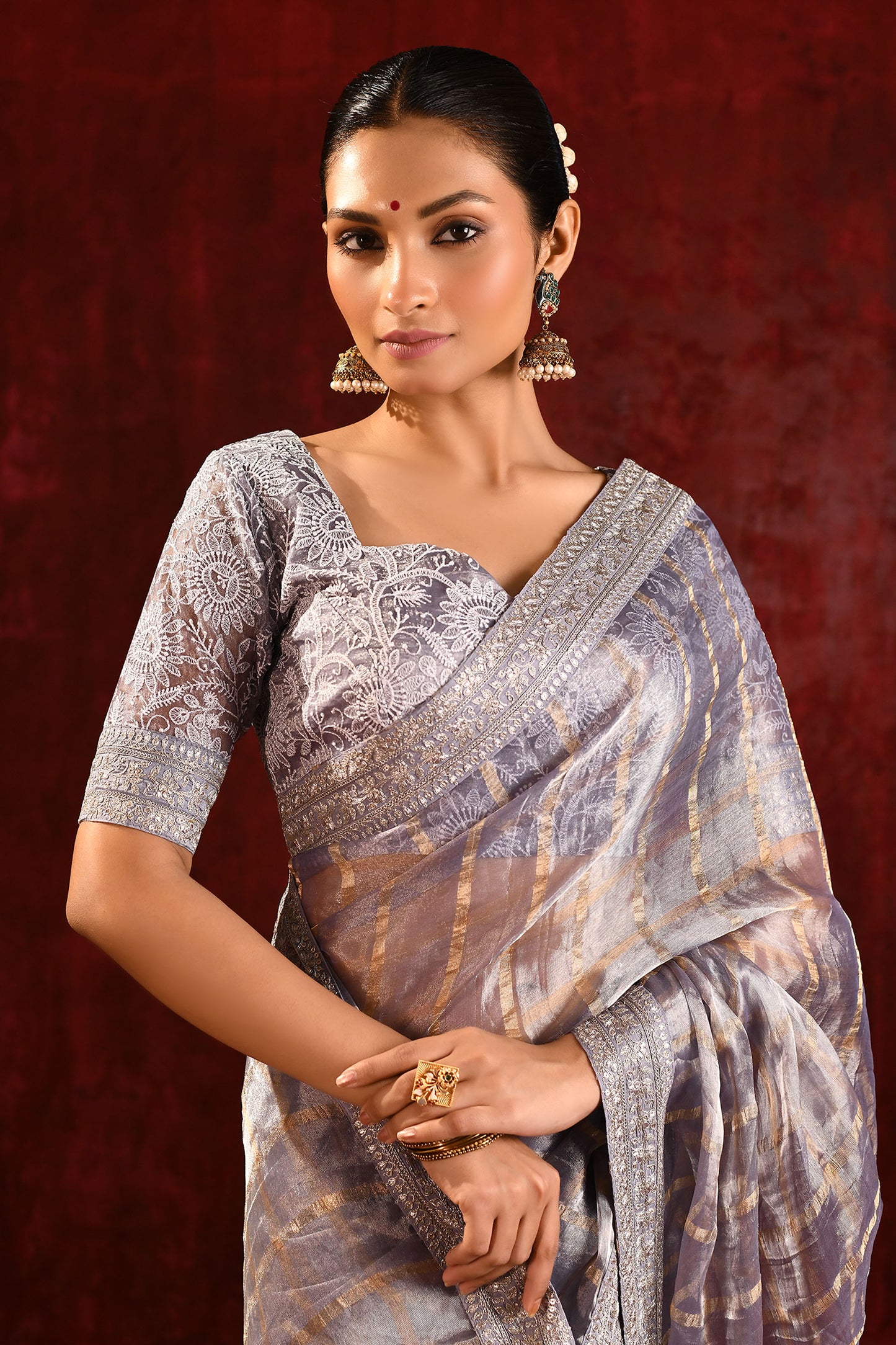 Metallic Grey Embroidered Tissue Saree
