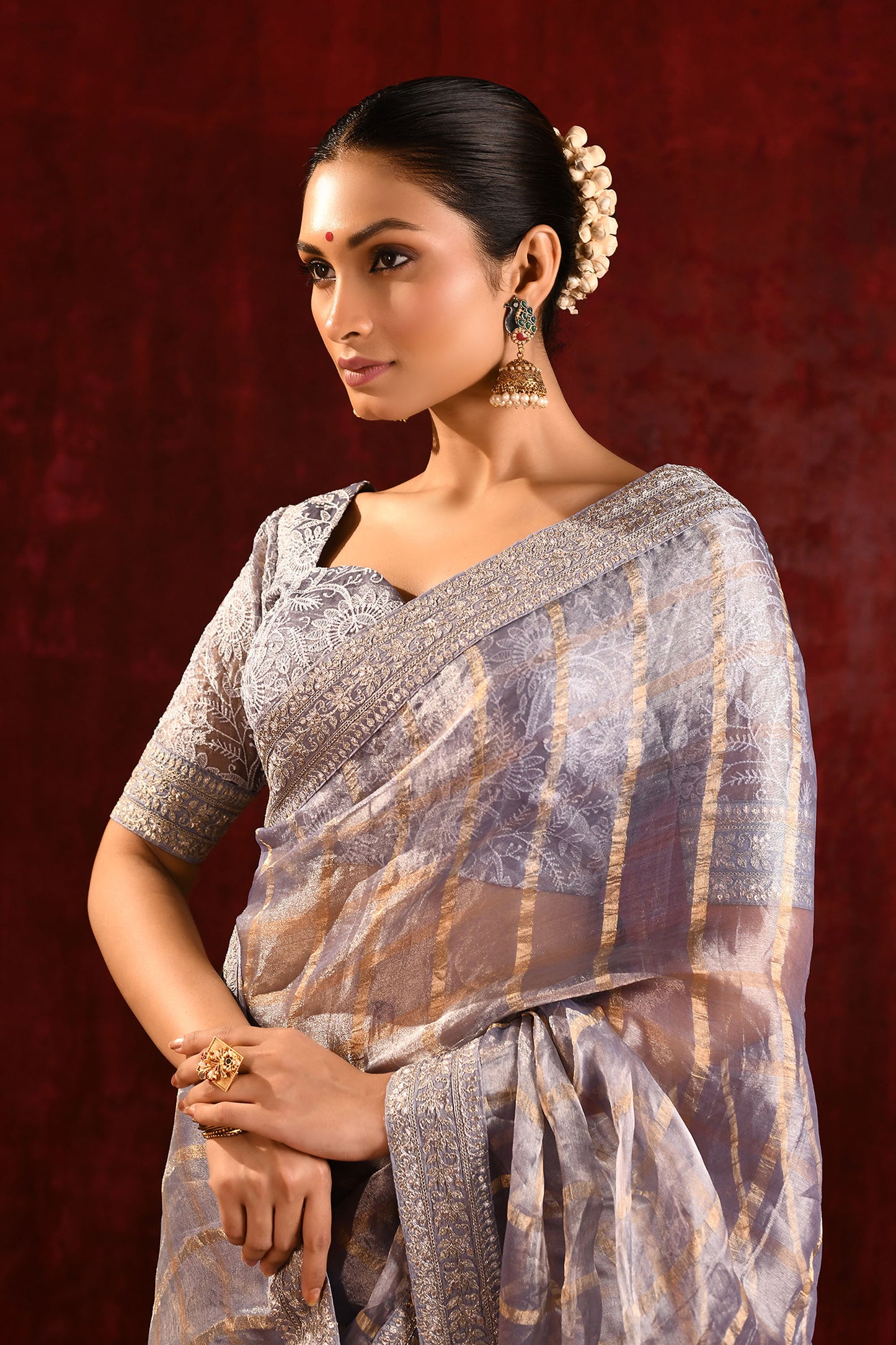 Metallic Grey Embroidered Tissue Saree