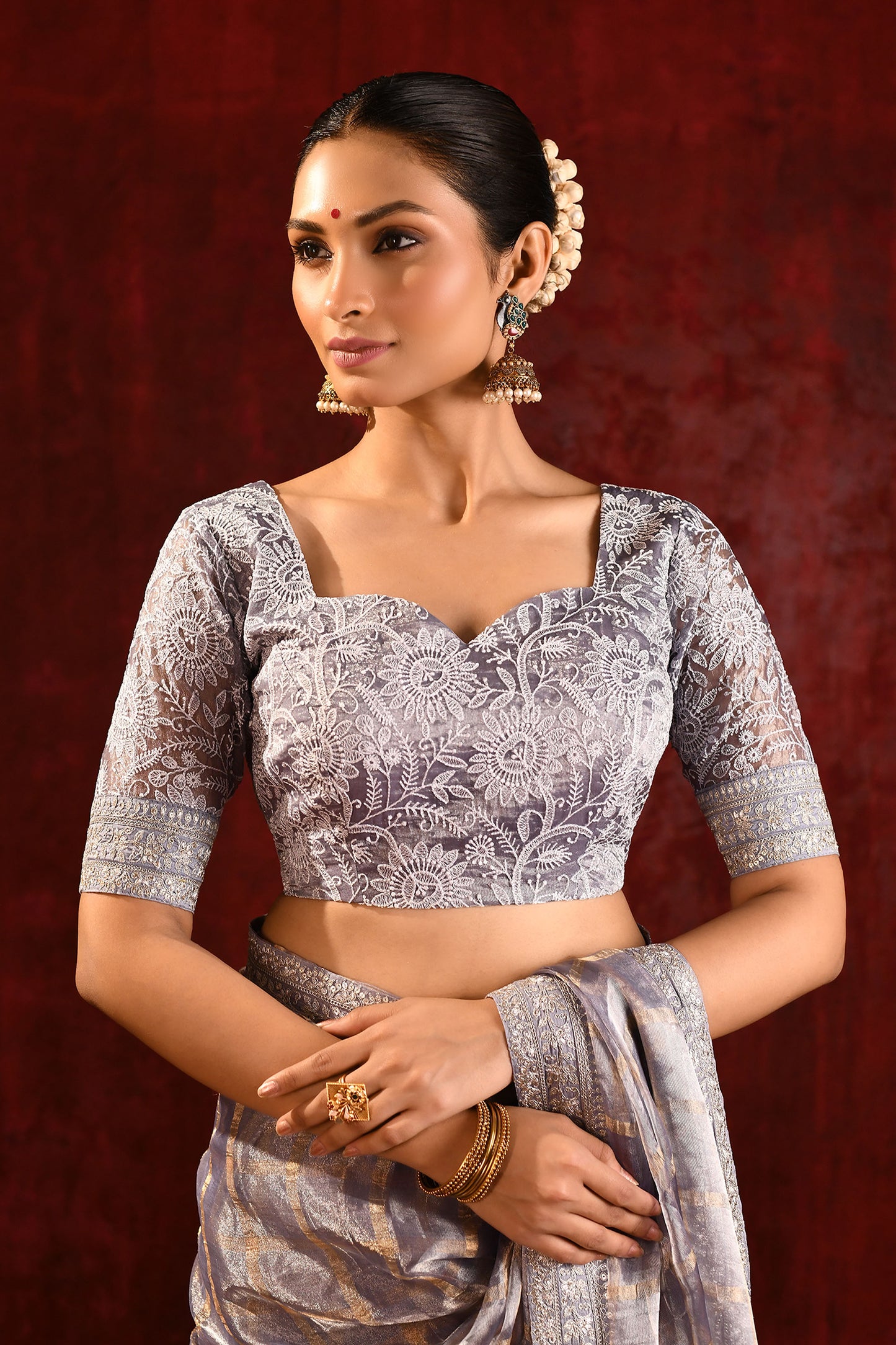 Metallic Grey Embroidered Tissue Saree