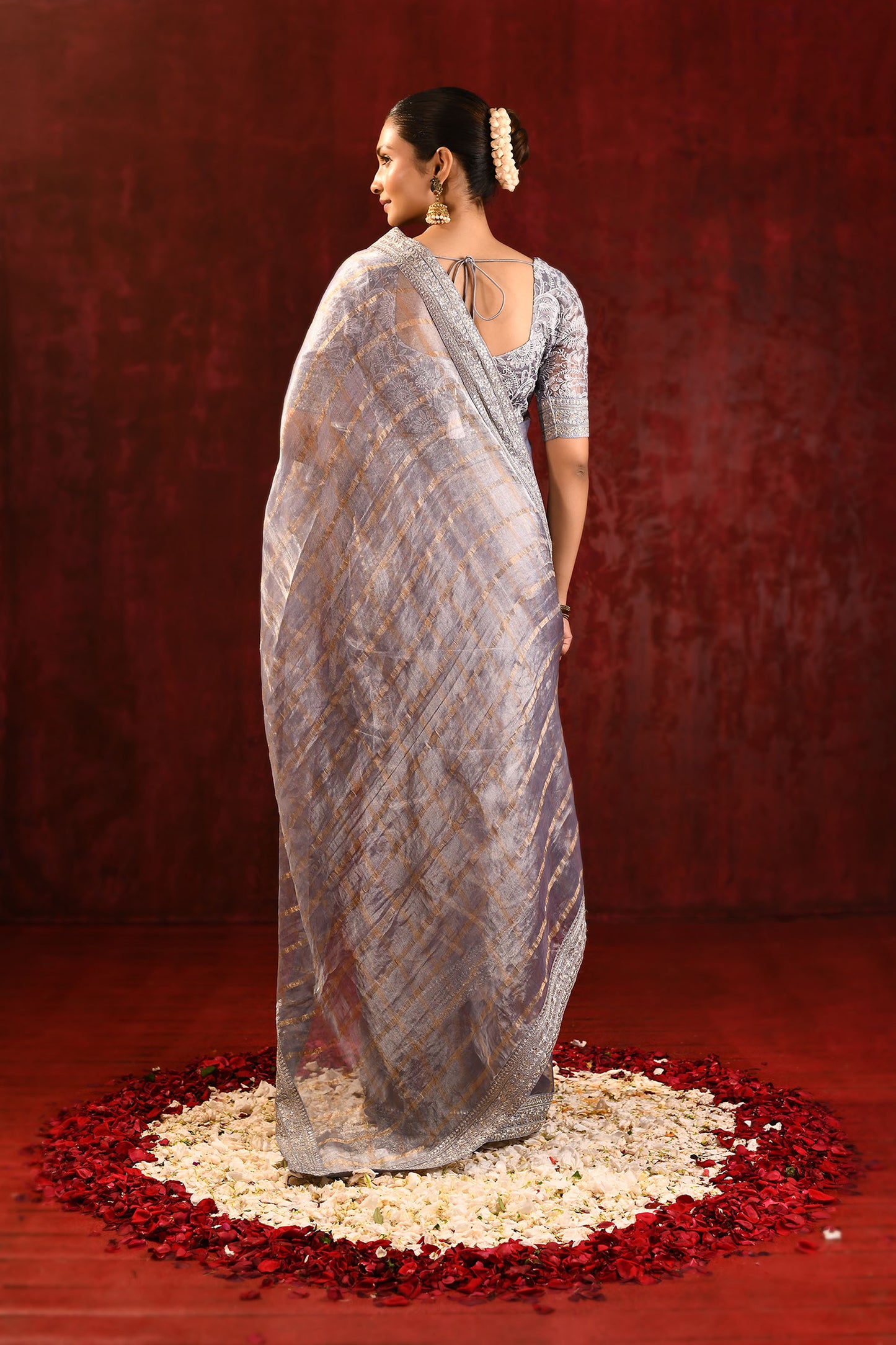 Metallic Grey Embroidered Tissue Saree
