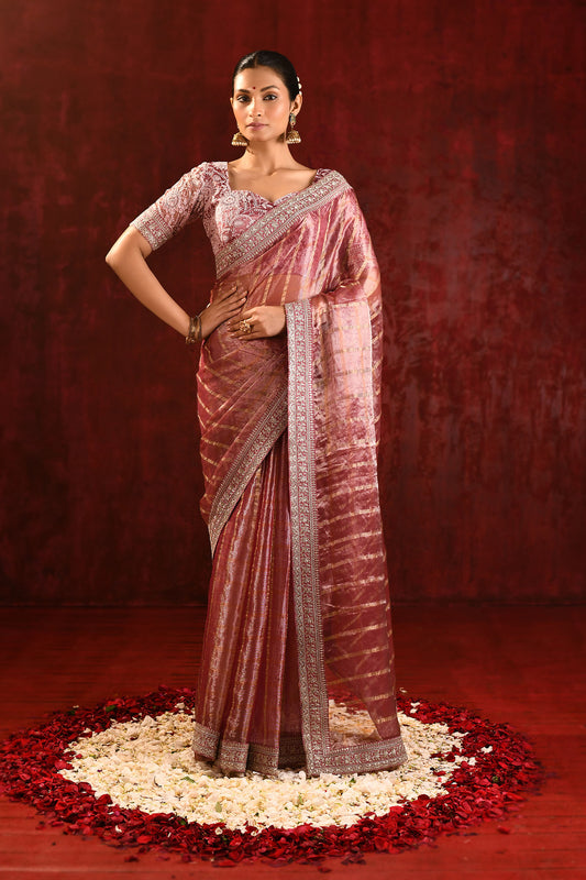 Metallic Pink Embroidered Tissue Saree