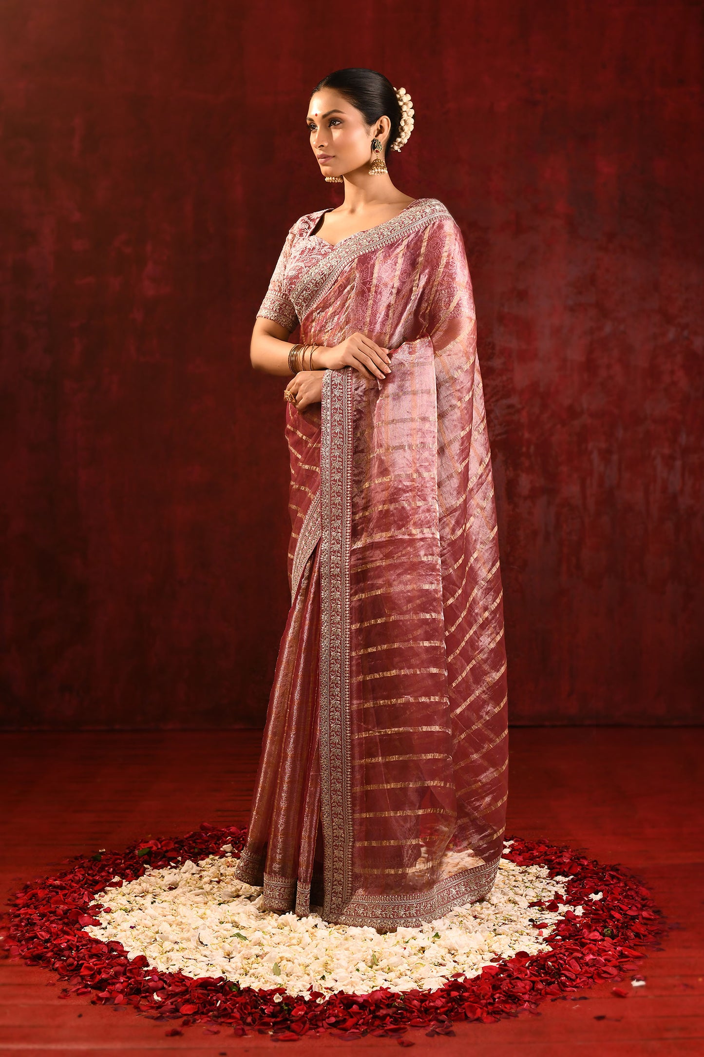 Metallic Pink Embroidered Tissue Saree