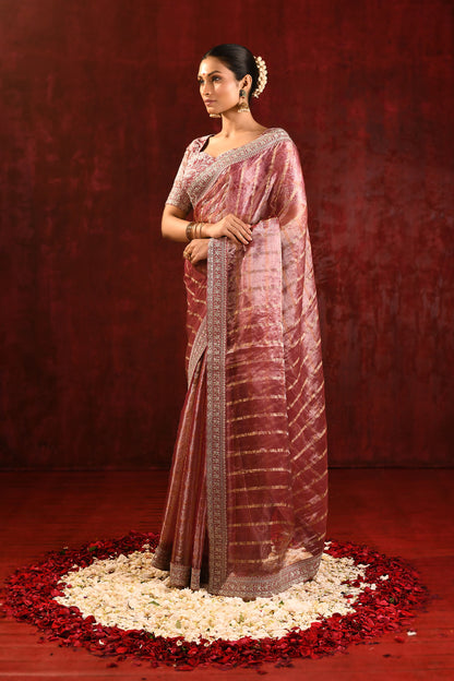 Metallic Pink Embroidered Tissue Saree