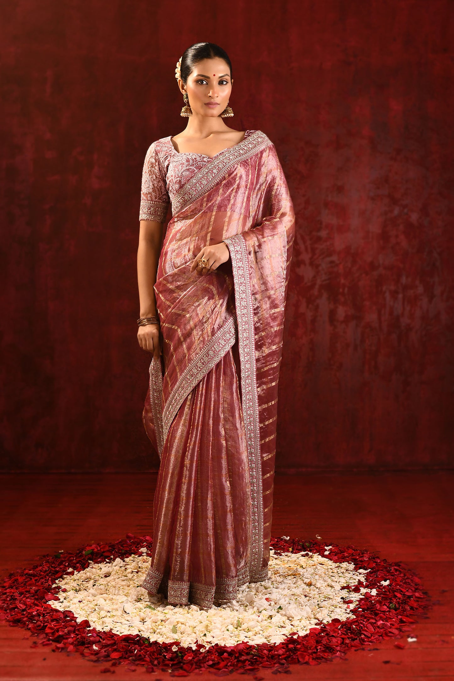 Metallic Pink Embroidered Tissue Saree