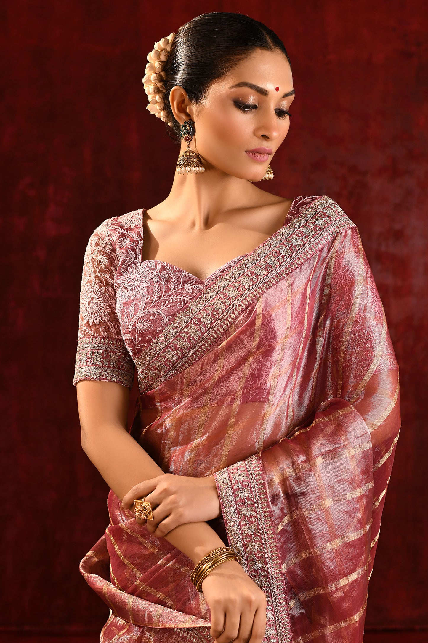 Metallic Pink Embroidered Tissue Saree