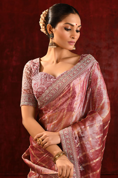 Metallic Pink Embroidered Tissue Saree