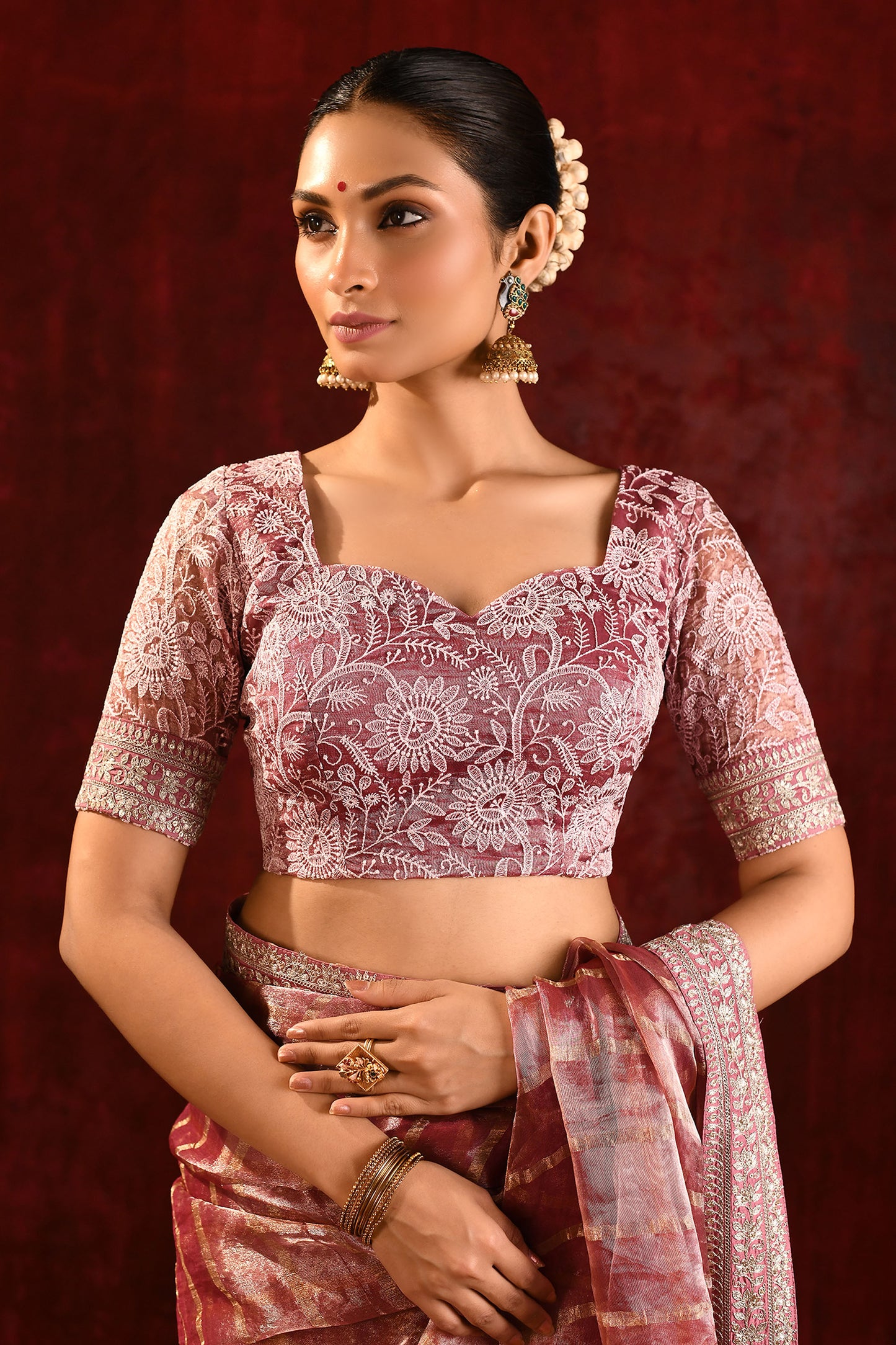 Metallic Pink Embroidered Tissue Saree