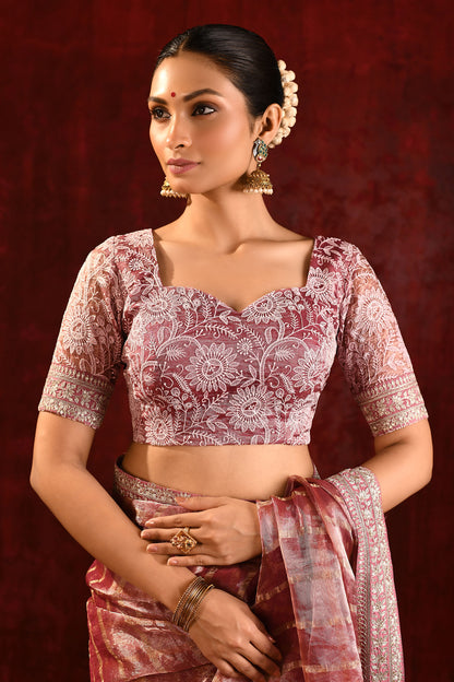 Metallic Pink Embroidered Tissue Saree