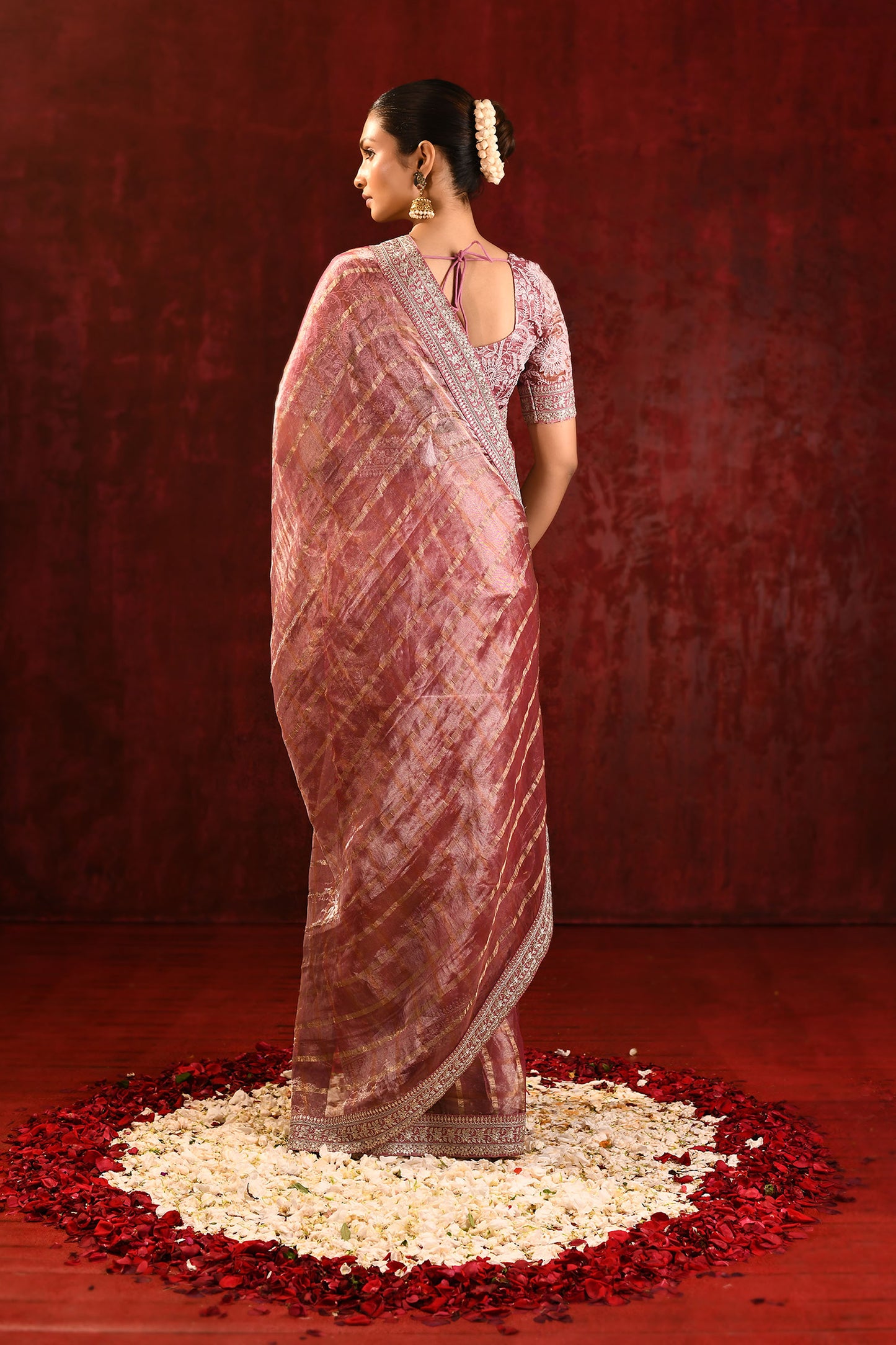 Metallic Pink Embroidered Tissue Saree