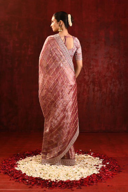 Metallic Pink Embroidered Tissue Saree