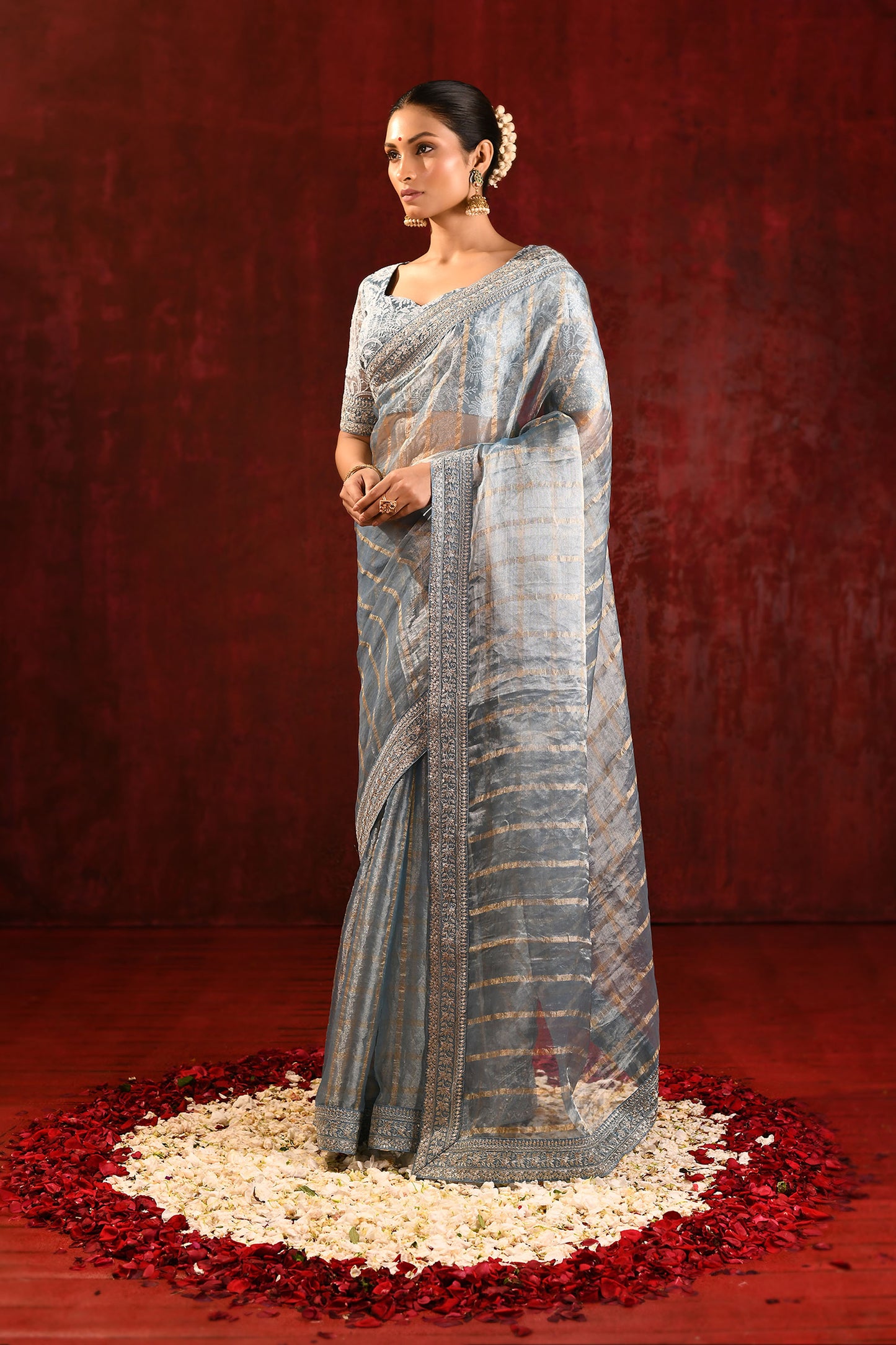 Metallic Grey Embroidered Tissue Saree